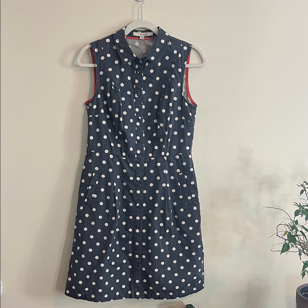 Boden Polka Dot Sleeveless Dress Twee‎ Retro Gray White Collared Button Front 6